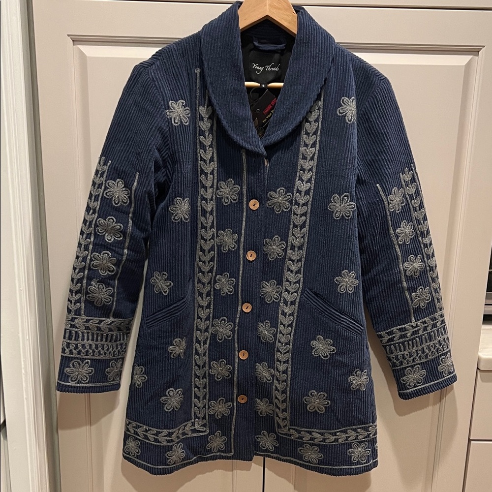 Young Threads Navy Blue Embroidered Cardigan jacket! Small